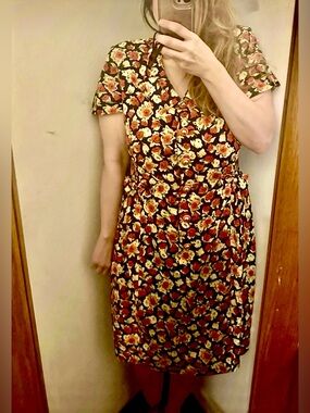 VTG Laric Italy Floral Shirt Dress Black Rose Print Business Casual Office Midi